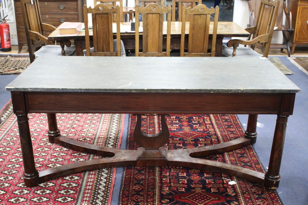 A French mahogany centre table, with simulated marble painted pine top, W.187cm D.80cm H.76cm